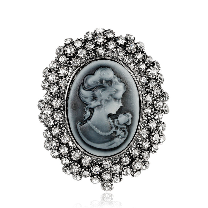 Black Silver Tone Woman Portrait Crystal Metal Brooch Pin