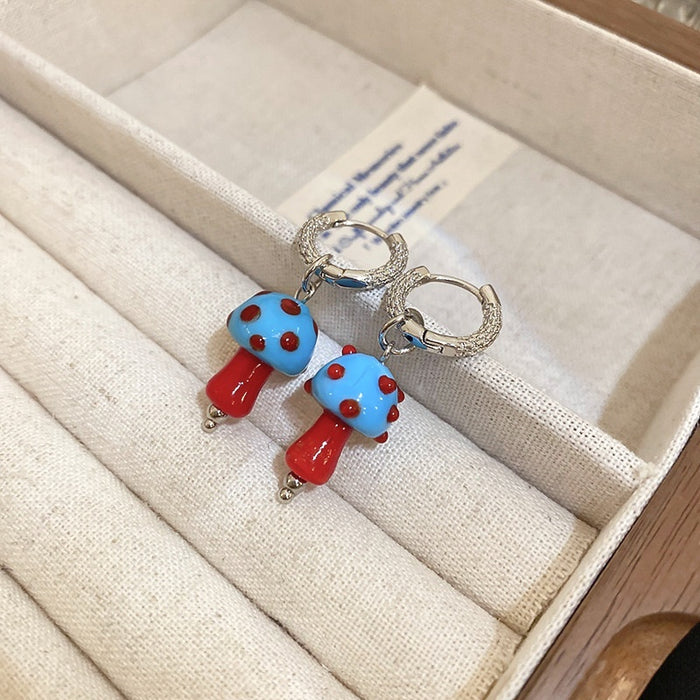 Sweet Enamel Mushroom Copper Earrings, Geometric Fresh Niche Design Ear Jewelry For Women