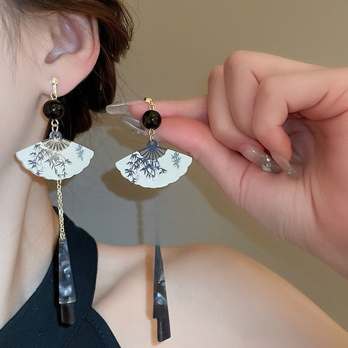 New Chinese Style Resin Fan Tassel Drop Earrings Retro Geometric Long Ear Hook Jewelry