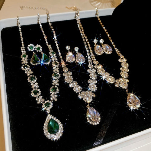 Alloy Teardrop Rhinestone Drop Earrings With Pendant Necklace, Light Luxury Women's Jewelry