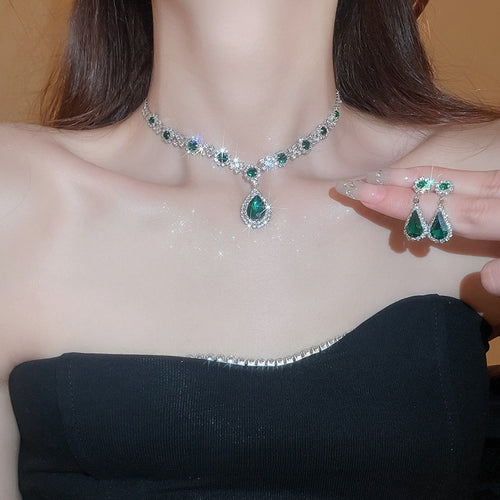 Alloy Teardrop Rhinestone Drop Earrings With Pendant Necklace, Light Luxury Women's Jewelry