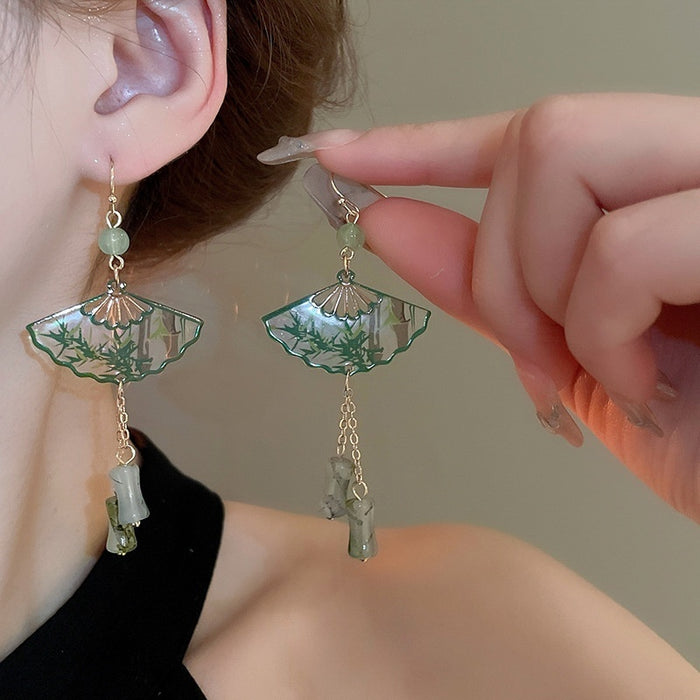 New Chinese Style Alloy Fan Bamboo Joint Drop Earrings For Women Retro Geometric Ear Hooks