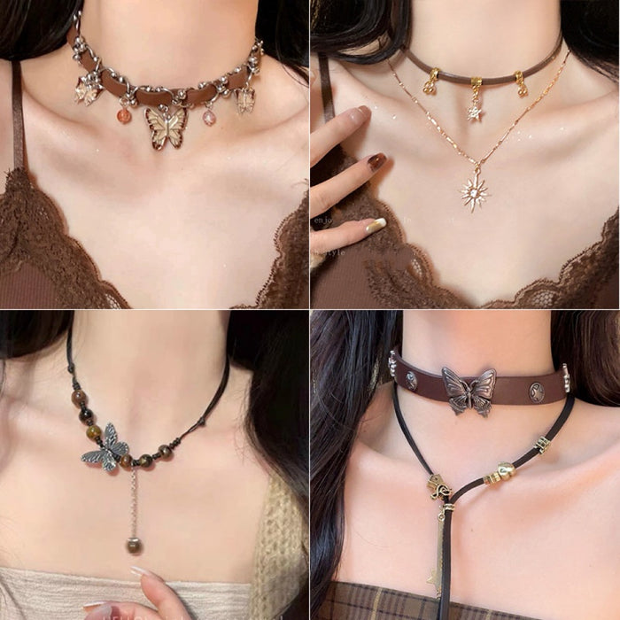 Copper Rhinestone Sun Star Faux Leather Necklace, Vintage Luxury Collarbone Style