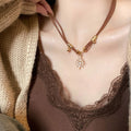 Copper Rhinestone Sun Star Faux Leather Necklace, Vintage Luxury Collarbone Style view 2