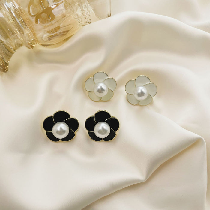 Elegant Enamel Camellia Flower Stud Pearl Alloy Silver Needle Light Luxury Women Earrings