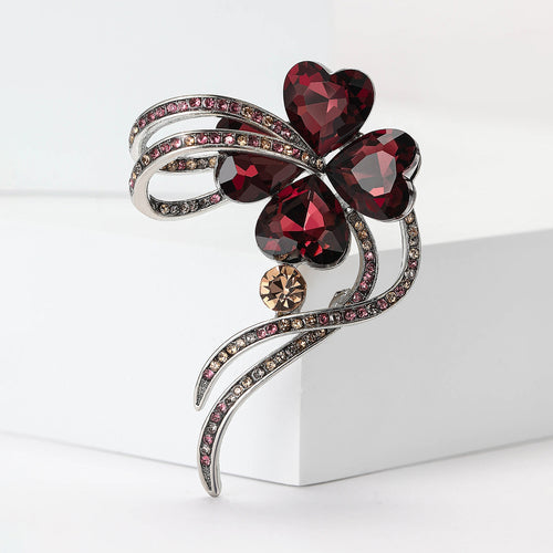 Alloy Rhinestone Four Leaf Clover Brooch Elegant Plant Lapel Pin