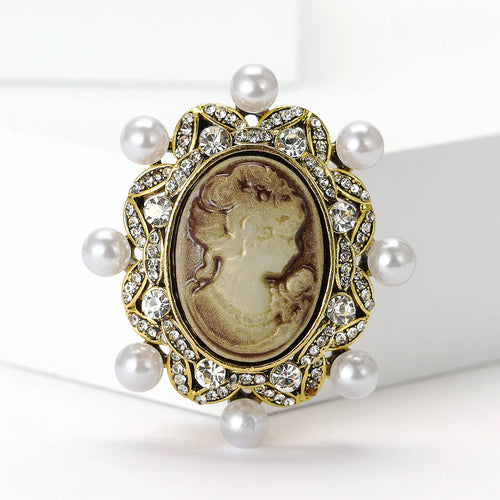 Alloy Pearl Lady Portrait Brooch For Vintage Womens Coat Decoration