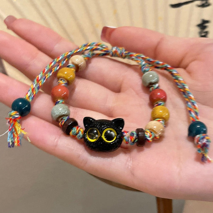 Cute Ceramic Cat Beaded Bracelet New Chinese Style Sweet Fresh Animal Charm Jewelry