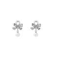 Elegant Korean Silver Tone Alloy Rhinestone Bowknot With Faux Pearl Drop Dangle Stud Earrings view 5