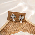 Elegant Korean Silver Tone Alloy Rhinestone Bowknot With Faux Pearl Drop Dangle Stud Earrings view 3