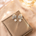 Elegant Korean Silver Tone Alloy Rhinestone Bowknot With Faux Pearl Drop Dangle Stud Earrings view 2