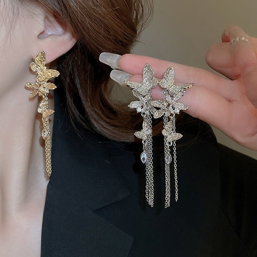 Chic Alloy Sparkling Butterfly Tassel Drop Earrings Korean Light Luxury Fashion Jewelry