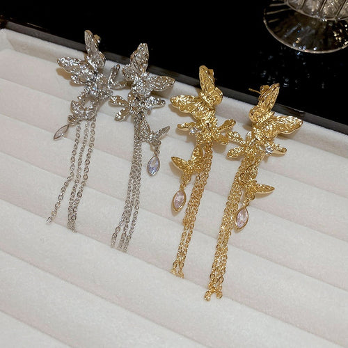 Chic Alloy Sparkling Butterfly Tassel Drop Earrings Korean Light Luxury Fashion Jewelry