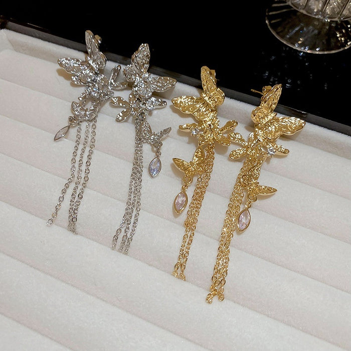 Chic Alloy Sparkling Butterfly Tassel Drop Earrings Korean Light Luxury Fashion Jewelry