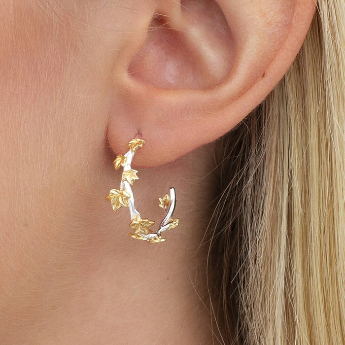 European Vintage C Shaped Large Stud Earrings Metal Branch Flower Two Tone Maple Leaf Jewelry