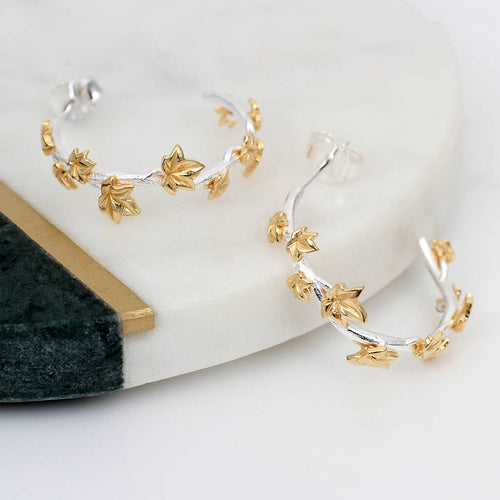 European Vintage C Shaped Large Stud Earrings Metal Branch Flower Two Tone Maple Leaf Jewelry