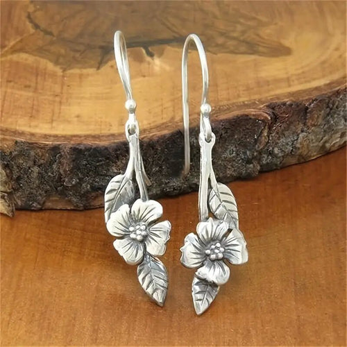 Two Tone Vintage Leaf Flower Drop Earrings, Minimalist Long Dangle Earrings For Women