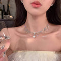 Light Luxury Faux Pearl Bow Necklace With Rhinestone Accent Statement Collarbone Jewelry For Women view 4