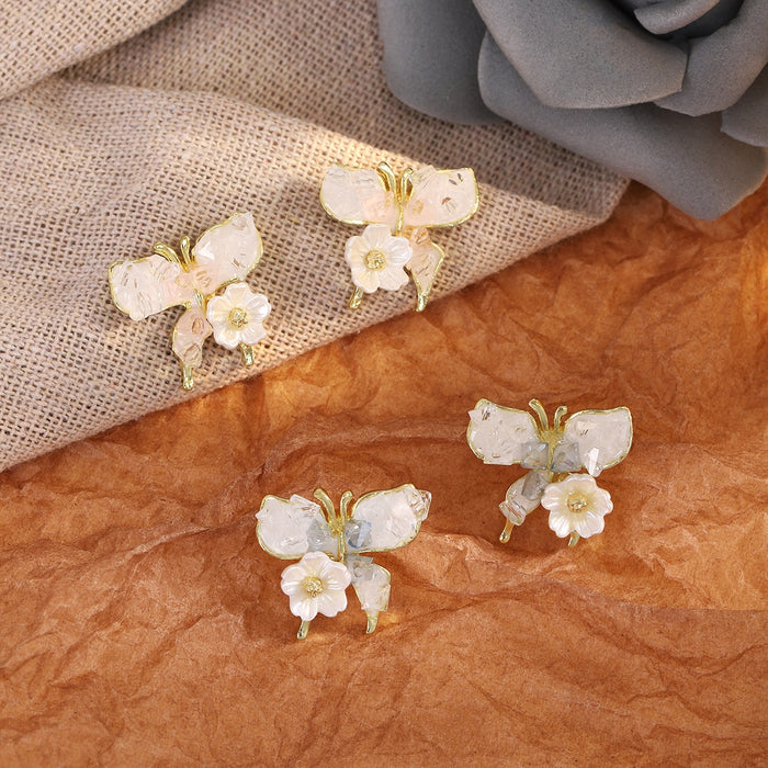 Elegant Pink Crystal Butterfly Flower Alloy Stud For Women Fresh Forest Style Statement Earrings