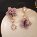 Elegant Asymmetric Embroidered Lace Flower Heart Rhinestone Pink Crystal Alloy Drop Earrings view 1