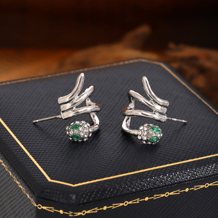 Elegant Silver Alloy Winding Snake Shape Studs With Green Crystal Rhinestone Inlay Women Fashion Earrings