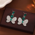 Vintage Luxury Emerald Crystal Butterfly Drop Earrings With Rhinestone Wings And Square Alloy Stud Earrings view 3