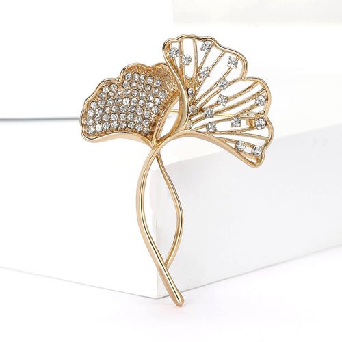 Metal Alloy Rhinestone Ginkgo Leaf Brooch Pin For Women Cardigans