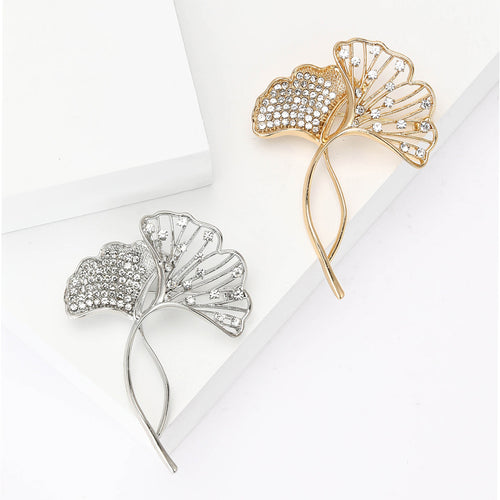 Metal Alloy Rhinestone Ginkgo Leaf Brooch Pin For Women Cardigans