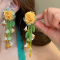Sweet Korean Style Colorful Faux Crystal Flower Tassel Drop Earrings With Silver Pins view 4