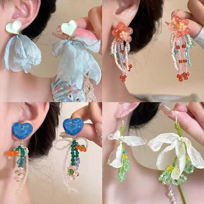 Sweet Korean Style Colorful Faux Crystal Flower Tassel Drop Earrings With Silver Pins