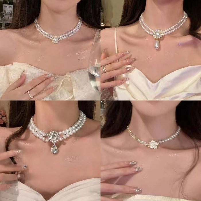 Real Gold Plated Faux Pearl Rhinestone Flower Collarbone Necklace Light Luxury Fashion Jewelry