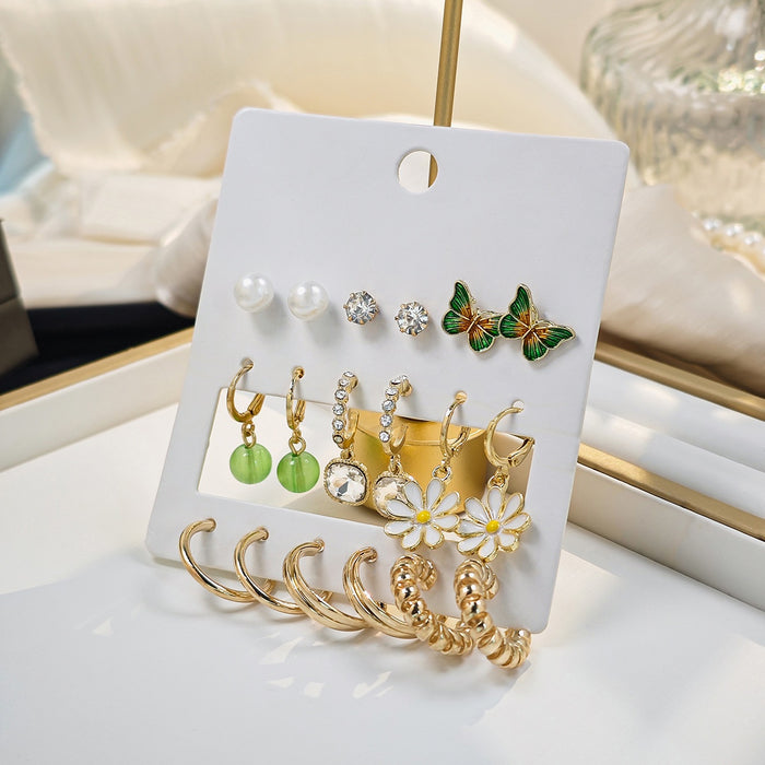 Elegant Butterfly Enamel Rhinestone Pearl Flower Hoop Stud Set Luxury Gold Alloy Ear Cuff Earrings