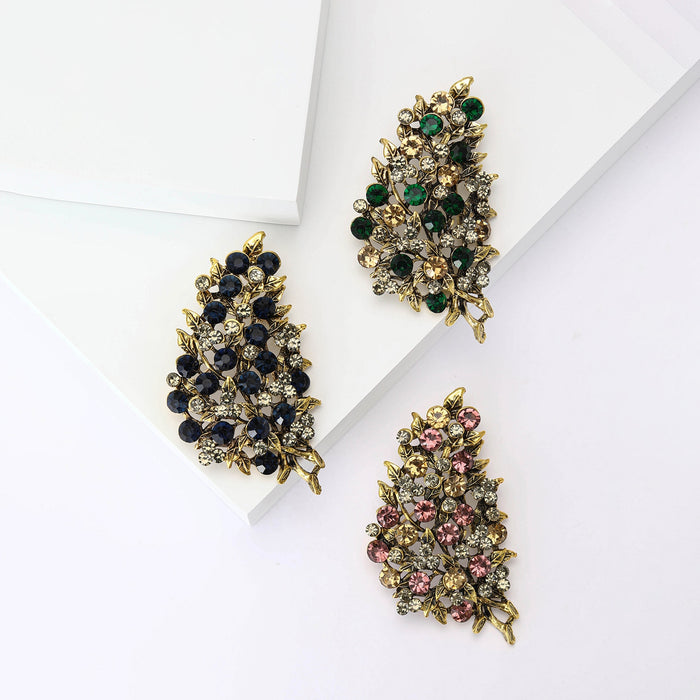Vintage Alloy Rhinestone Leaf Brooch For Women's Coat Accessories