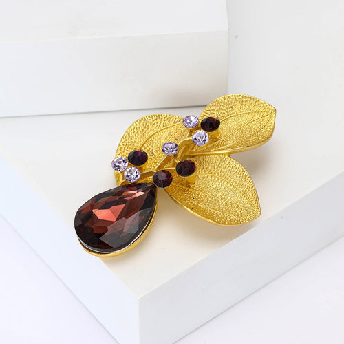 Matte Gold Alloy Three Leaf Rhinestone Brooch For Women