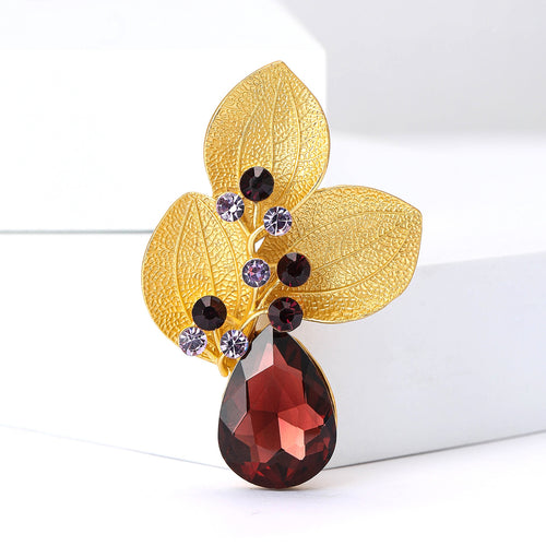 Matte Gold Alloy Three Leaf Rhinestone Brooch For Women