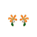 Elegant Orange Enamel Flower Zircon Leaf Stud Earrings For Women Summer Fresh Forest Style Earrings view 5