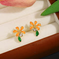 Elegant Orange Enamel Flower Zircon Leaf Stud Earrings For Women Summer Fresh Forest Style Earrings view 1