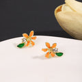 Elegant Orange Enamel Flower Zircon Leaf Stud Earrings For Women Summer Fresh Forest Style Earrings view 2