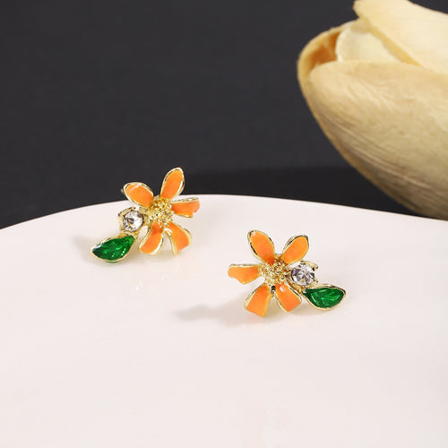 Elegant Orange Enamel Flower Zircon Leaf Stud Earrings For Women Summer Fresh Forest Style Earrings