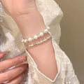 French Luxe Faux Pearl And Silver Geometric Beaded Bracelet For Elegant Daily Style view 1