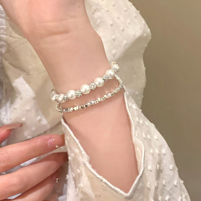 French Luxe Faux Pearl And Silver Geometric Beaded Bracelet For Elegant Daily Style
