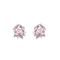 Elegant Pink Rose Flower Crystal Rhinestone Pearl Stud Earrings Light Luxury Alloy Silver Needle Earrings view 5