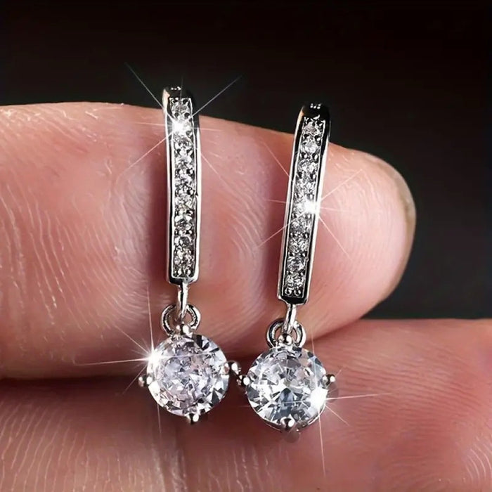Korean Micro Pave Four Prong Drop Earrings, Minimal Sparkling Zircon Fish Hook Earrings