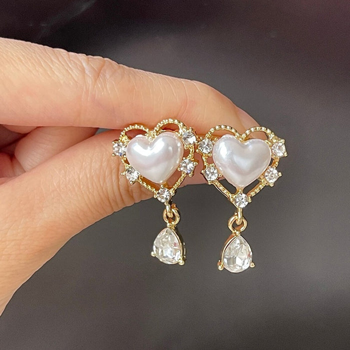 French Vintage Palace Heart Water Drop Faux Pearl Stud Earrings Korean Minimal Jewelry
