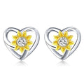 Korean Japanese Heart Stud Earrings Sunflower Two Tone Micro Pave Hollow Jewelry view 1