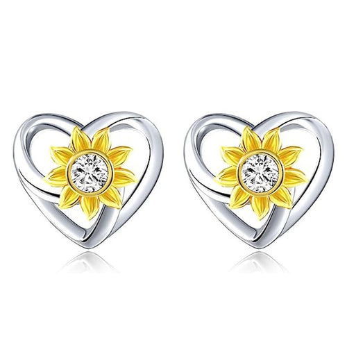 Korean Japanese Heart Stud Earrings Sunflower Two Tone Micro Pave Hollow Jewelry