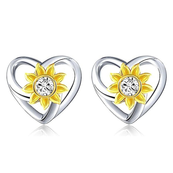 Korean Japanese Heart Stud Earrings Sunflower Two Tone Micro Pave Hollow Jewelry