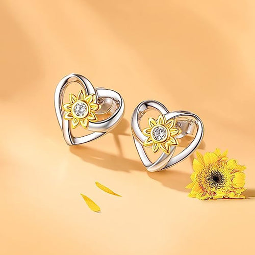 Korean Japanese Heart Stud Earrings Sunflower Two Tone Micro Pave Hollow Jewelry