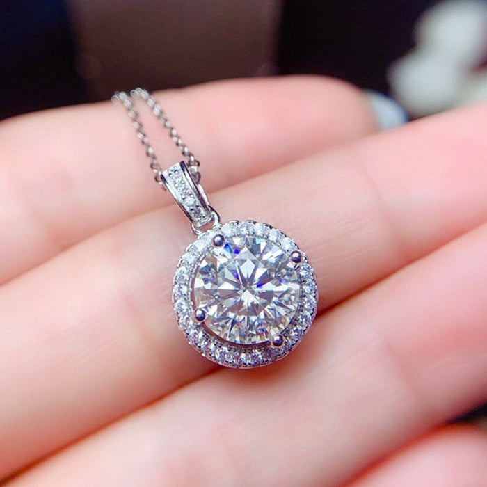 Korean Style Round Simulated Moissanite Pendant Necklace, Sparkling Minimalist Women's Jewelry