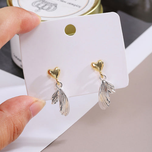 Light Luxury Two Tone Alloy Heart Studs With Silver Wing Feather Dangles Elegant Metal Drop Earrings